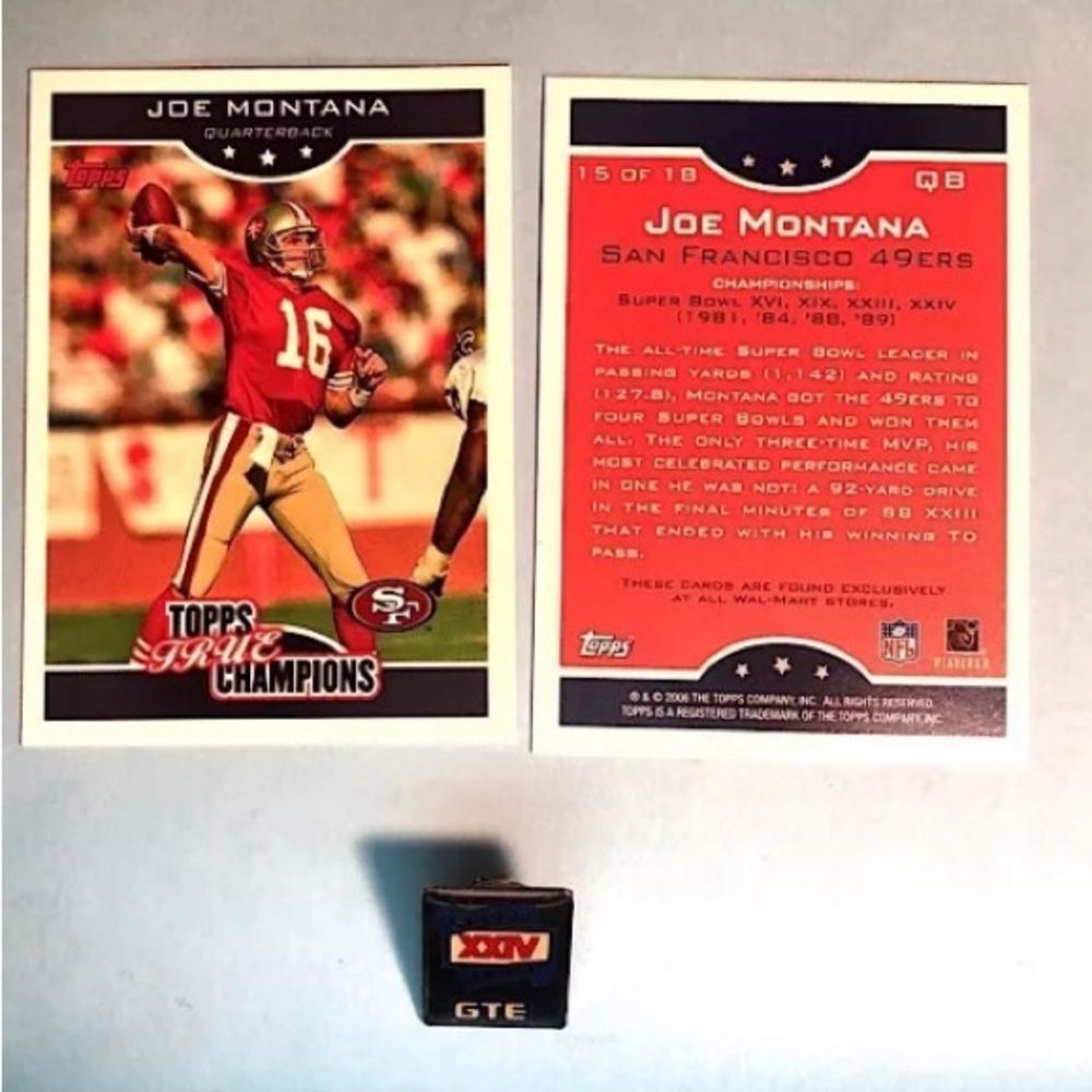 San Francisco 49ers,Super Bowl XXIV, GTE Pin, +Joe Montana Topps True Champ Card